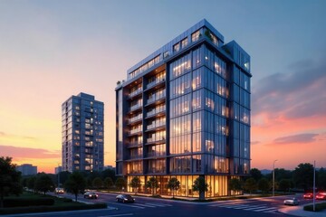 Obraz premium Modern city commercial building with sleek glass facade and urban backdrop at sunset Ideal for real estate, architecture, and business concepts , contemporary, tower