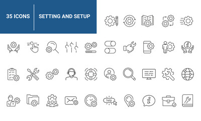 Settings and setup set of web icons in line style. Setup icons for web and mobile app. Settings, installation, maintenance, update, download, configuration, options, control. Vector illustration