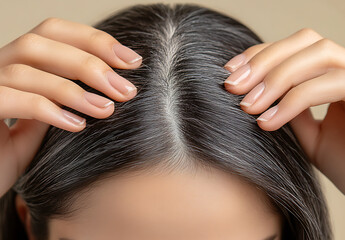 Fototapeta premium Woman showing gray hair roots with hands on beige background