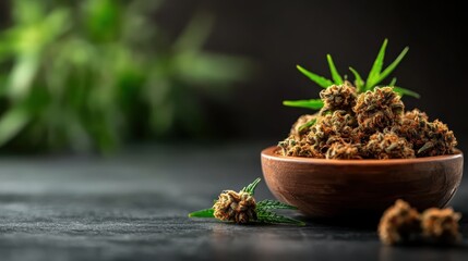 A rustic wooden bowl filled with cannabis buds highlights the beauty and craftsmanship of herbal products, reflecting nature's intricate details and the emerging cannabis culture.