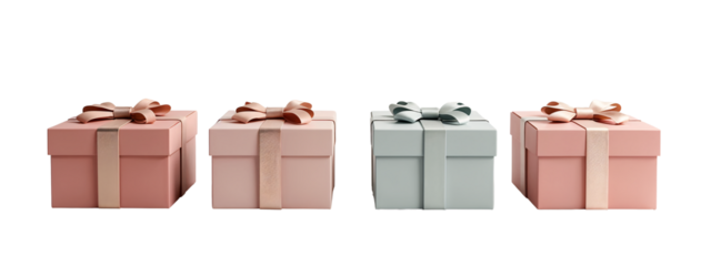 A set of three pink and gray gift boxes with bows on them.