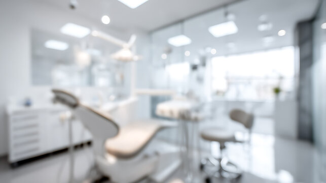 Blurred dental office interior with modern equipment and white furniture