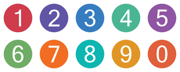 Colorful Number Icons Set – Digits 0 to 9 in Round Circle Vector Design with Long Shadow