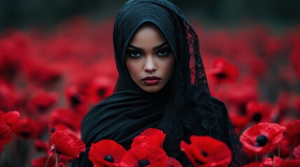 A captivating portrait of a woman in a black hijab among vibrant red poppies, highlighting the contrast of culture and nature, evoking emotions of strength and beauty.