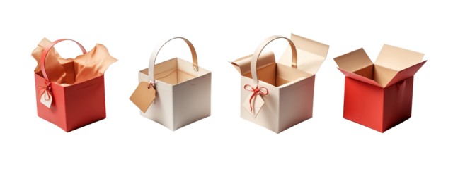 A set of three different colored paper bags with handles.