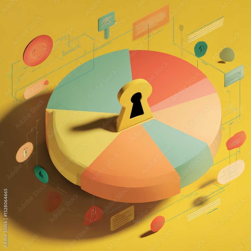Poster colorful pie chart with a keyhole graphic element.