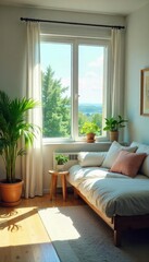 Relaxing inside a cool, air-conditioned room on a hot summer day The interior is bright, clean, and inviting, offering a welcome respite from the heat , peaceful, clean