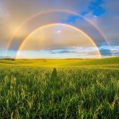 Naklejka premium Rainbow Images HD – Double Rainbow Over Green Fields with Sunlight | Rainbow Wallpaper, Rainbow Background