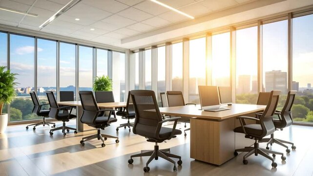Sunlit modern office conference room with city view, ideal for business meetings and presentations