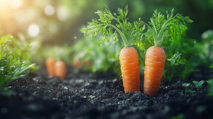 two ripe carrots with green leaves on top, partially emerging from dark soil in a garden against a background of more blurred carrots and soft sunlight
