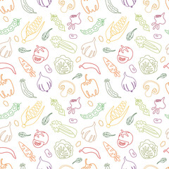 Seamless hand-drawn vegetable pattern. Colored linear vegetables on a white background. Used for posters, home textiles, packaging, culinary design. Vector illustration