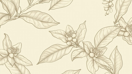 Fototapeta premium A seamless pattern featuring delicate, hand-drawn coffee plant leaves, flowers, and berries in sepia tones on a plain background.