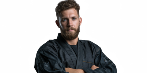 Martial Arts Purity: A focused, determined martial artist, with strong stance, embodies discipline and strength in a minimalist photo. 