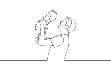 Father's Day greeting card. Continuous single drawn one line dad tosses a toddler, Minimalist black linear sketch isolated on white background. Vector illustration.