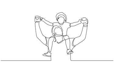 Father's Day greeting card. Continuous single drawn one line dad tosses a toddler, Minimalist black linear sketch isolated on white background. Vector illustration.