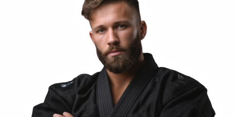 The Disciplined Warrior: A striking portrait of a focused martial artist, poised with a blend of strength and composure, clad in a traditional gi. A captivating image for those seeking inspiration.