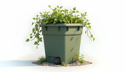 Plant Growing From Bin with Green Leaves and Wheel on Ground
