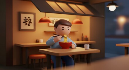 Nighttime Ramen Delight: A 3D Render of a Person Enjoying a Delicious Bowl of Noodles in a Cozy Restaurant