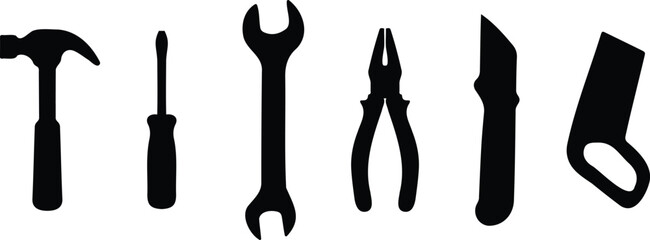 Black silhouette tool icon set including hammer, screwdriver, wrench, pliers, cutter, and saw for construction or repair work