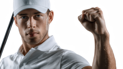 Focused Golf Champion: A determined golfer, sporting a cap and polo, stands poised with golf club and triumphant fist in a symbol of victory, portraying the essence of sporting excellence.