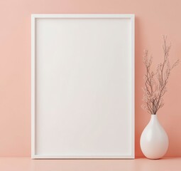 Empty white frame, blush pink backdrop, minimalist decor