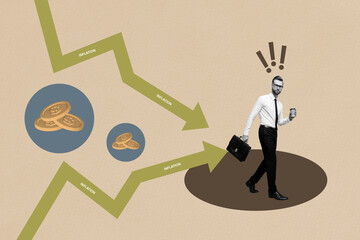 Art image composite photo collage of happy businessman stand inflation arrow regress statistics...