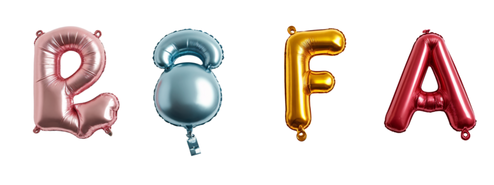 A set of four foil balloons with the letters A, B, C, D, E, F, A. - Powered by Adobe