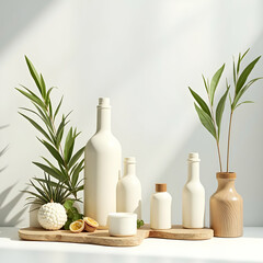 Still Life with Cream Bottles, Plant, and Light Decor on Wooden Board