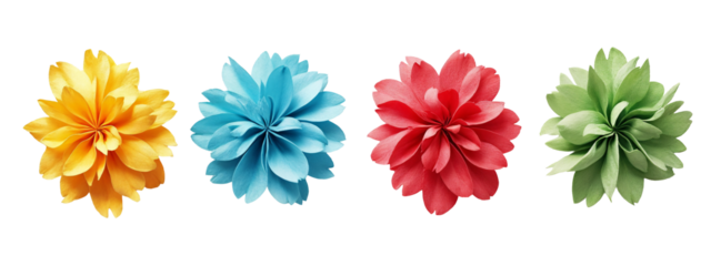 A set of four different colored tissue paper flowers.