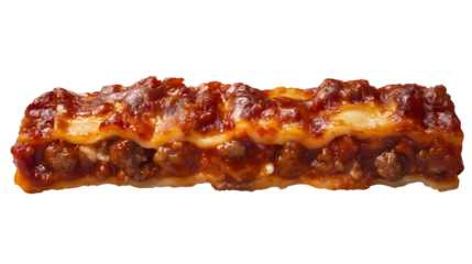 A long, thin piece of lasagna with meat and cheese. The lasagna is covered in sauce and has a meaty texture