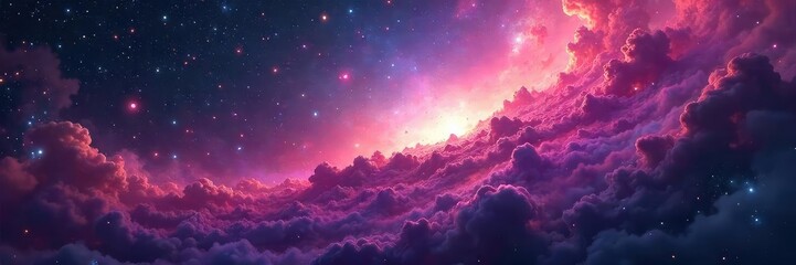 Naklejka premium Vast, swirling nebulae mark the edge of a known universe, cosmic dust and energy swirling in vibrant colors, hinting at the mysteries beyond , energy, vibrant, mystery