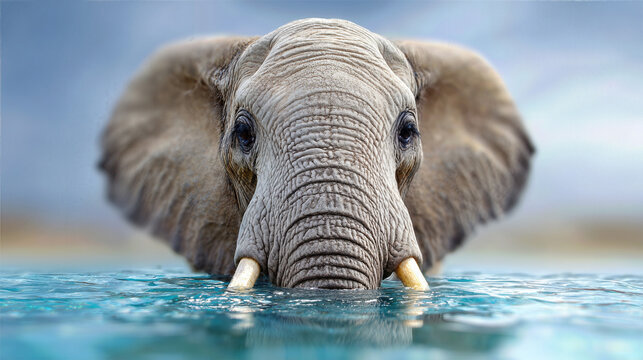 Closeup of an elephant swimming in blue water with a serene background - Powered by Adobe