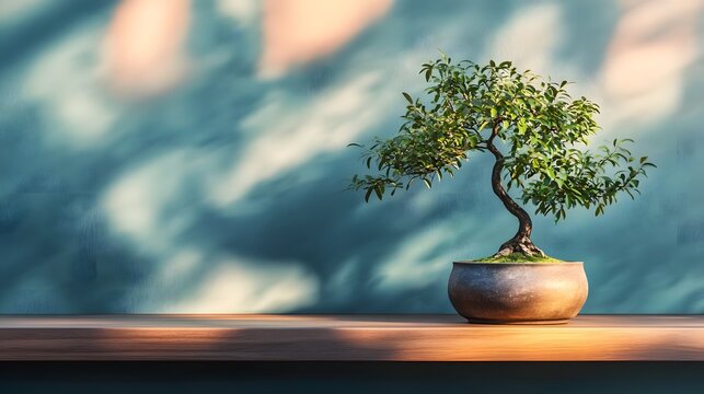 Miniature Bonsai Tree in Ceramic Pot on Wooden Shelf