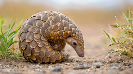 Pangolin curling into a ball on a natural earthy outdoor background