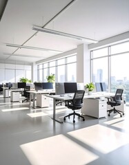 Bright contemporary office space with desks and city views