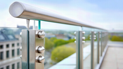 Modern stainless steel and glass balcony railing overlooking urban cityscape