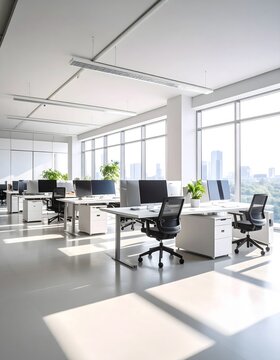 Bright contemporary office space with desks and city views