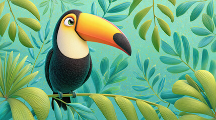 Colorful toucan perched on tropical branches among lush green leaves