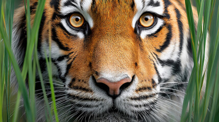 Close-up of a tiger's gaze between lush green grass