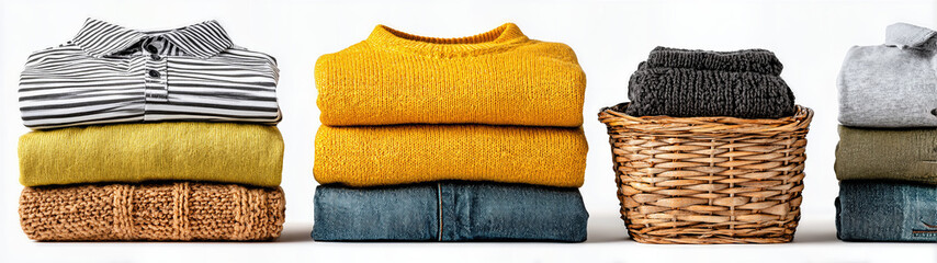 Neatly folded clothing stacks in yellow and gray tones alongside a wicker basket