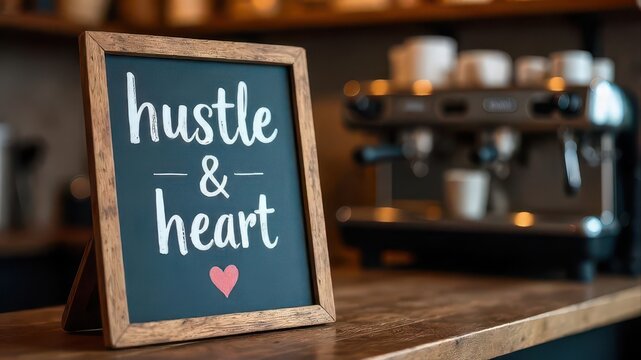 wooden framed chalkboard sign with inspiring quote "hustle & heart" and pink heart symbol on cafe counter. blurred coffee machine in background. motivation, coffee shop decor, inspirational poster. - Powered by Adobe