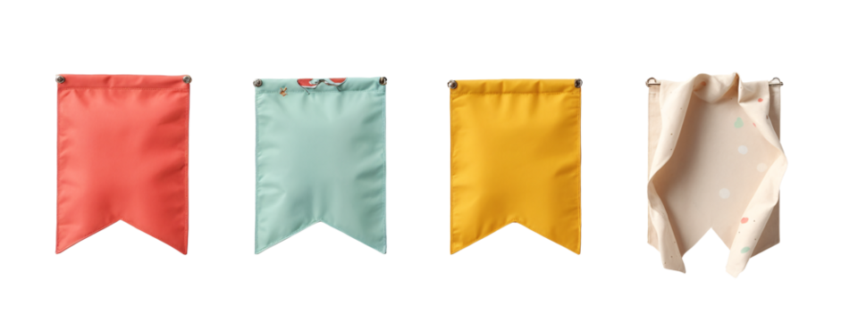 A set of three bunting flags hanging on a white wall.