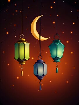 Three colorful lanterns hanging from the ceiling with a crescent moon