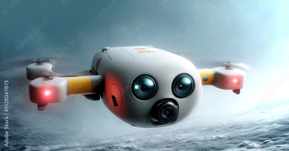 Aufkleber a sleek exploration robot hovers above an alien landscape, equipped with cameras and sensors. it sea