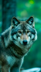 A majestic wolf staring directly at the camera, exuding confidence and alertness. The wolf's piercing eyes, along with its striking fur pattern, create a captivating image