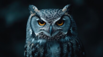 Obraz premium This captivating portrait of an owl showcases its intense gaze, illuminated by soft light which highlights its intricate feather patterns against a darker background.