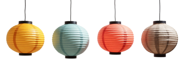 A group of four different colored paper lanterns hanging from a string.