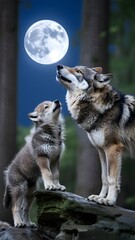 Fototapeta premium Wolf pup and mother howling at the moon in a forest at night
