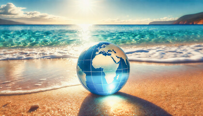Glowing globe rests on a sandy beach with a bright ocean backdrop.
