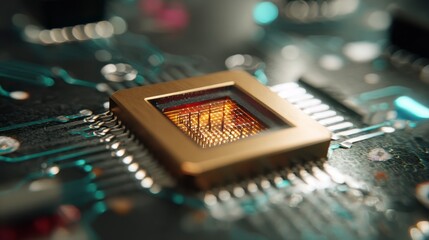 Closeup of quantum computer chip under lab microscope
